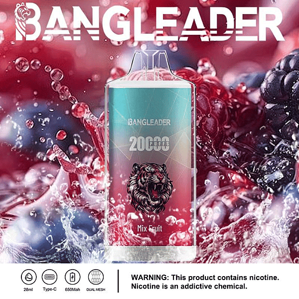 Promotiefoto voor Bangleader vape met de smaak 'Mix Fruit' met een capaciteit van 20.000 trekjes, met een opvallende tijgerafbeelding en een achtergrond van spetterend fruit, naast productdetails en een nicotinewaarschuwing.