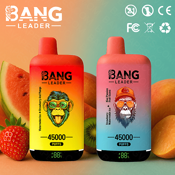 Twee wegwerp-vape-apparaten van Bang Leader met 45.000 trekjes, met levendige fruitsmaken en afbeeldingen van fruit, zoals aardbeien, watermeloen en kiwi op de achtergrond.