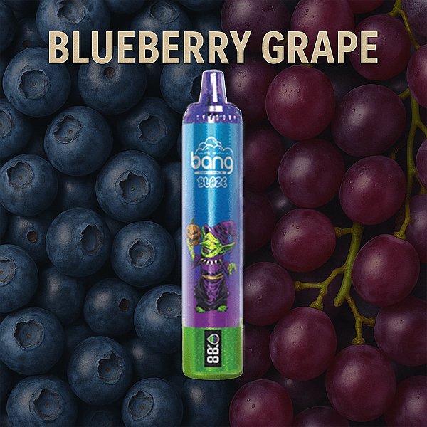 Bang Blaze vape device with blueberry and grape flavor, displayed against a background split between fresh blueberries and purple grapes, with large text reading 'BLUEBERRY GRAPE'.