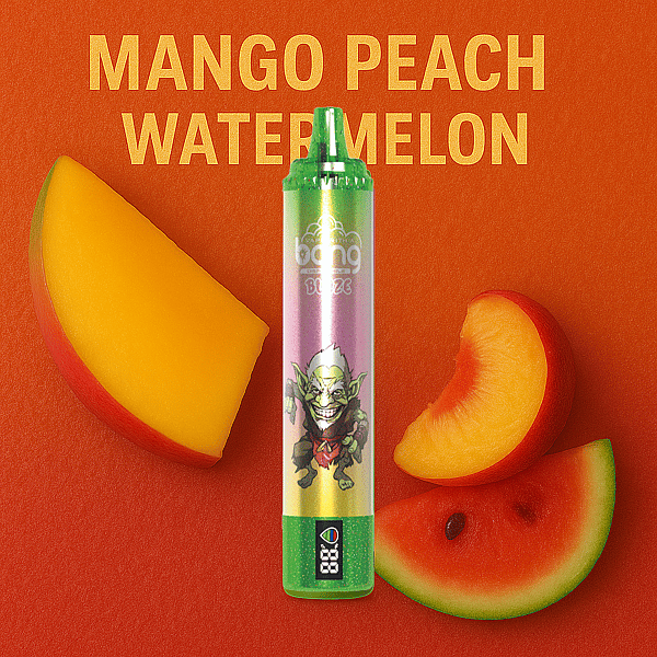 A vape pen labeled 'Bang Buzz' with a cartoon character, surrounded by mango, peach, and watermelon slices, on an orange background with the text 'Mango Peach Watermelon' above.