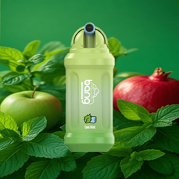 Ein grünes Vape-Gerät mit der Aufschrift „Cool Mint“ wird zwischen frischen Minzblättern, einem grünen Apfel und einem roten Granatapfel auf grünem Hintergrund angezeigt.