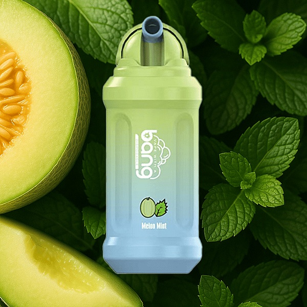 Ein Vape-Gerät mit Melonen-Minz-Geschmack, platziert auf einem Hintergrund aus frischen Minzblättern neben einer halbierten Melone und einer Melonenscheibe.