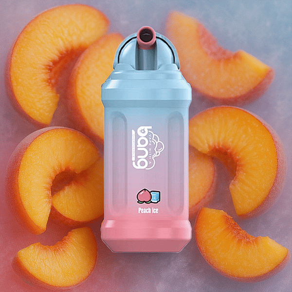 Einweg-Vape-Gerät mit Peach Ice-Geschmack, platziert auf geschnittenen Pfirsichen auf einem frostigen Hintergrund.
