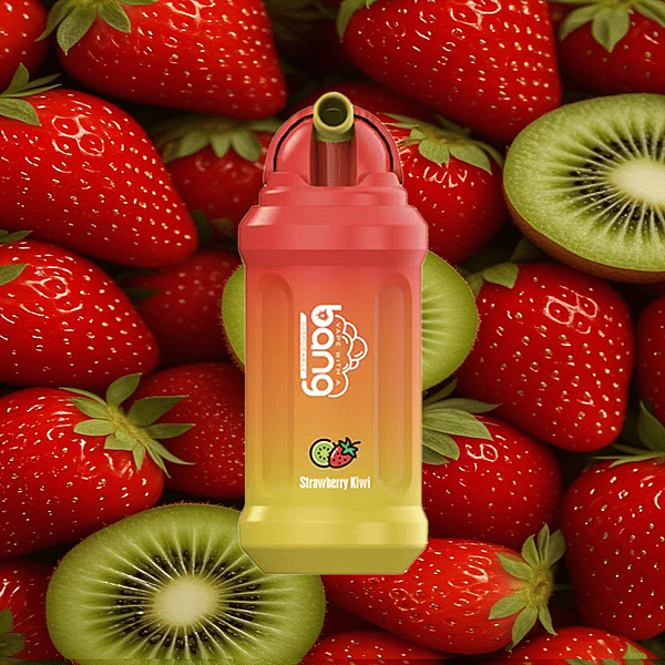 Ein Einweg-Vaporizer mit Erdbeer-Kiwi-Geschmack und einem Farbverlauf in Rot und Gelb, präsentiert vor einem Hintergrund aus frischen Erdbeeren und Kiwischeiben.