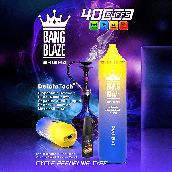 Werbebild für das Einweg-Vape-Gerät Bang Blaze Shisha mit Red Bull-Geschmack, mit Spezifikationen wie 40.000 Zügen, 40 ml E-Liquid-Kapazität, 1000 mAh-Akku, 0,6 Ω-Netzspule und Zyklusbetankungstyp, mit Bildern des Vapes, der E-Liquid-Nachfüllung, der Wasserpfeife und Raucheffekten auf einem blauen und violetten Hintergrund.