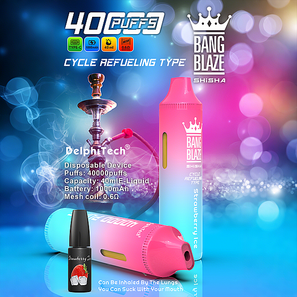 Werbebild für Bang Blaze Shisha mit zwei bunten Einweg-Vaporizern mit der Aufschrift „Strawberry Ice“, einer E-Liquid-Flasche, einer Wasserpfeife und Produktdetails, darunter 40.000 Züge, 40 ml E-Liquid-Kapazität und 1000-mAh-Akku.