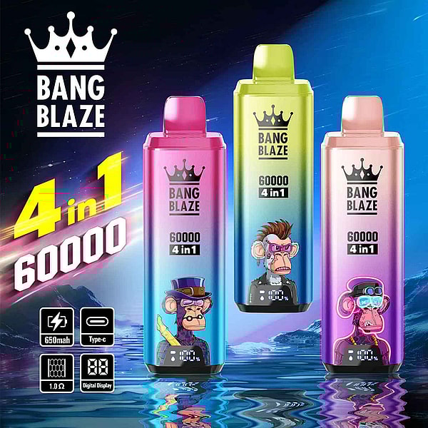 Three colorful Bang Blaze vape devices with cartoon ape designs and digital displays stand against a cosmic blue background, with bold text advertising '4 in 1', 60,000 puffs, 650mAh battery, and type-C charging.