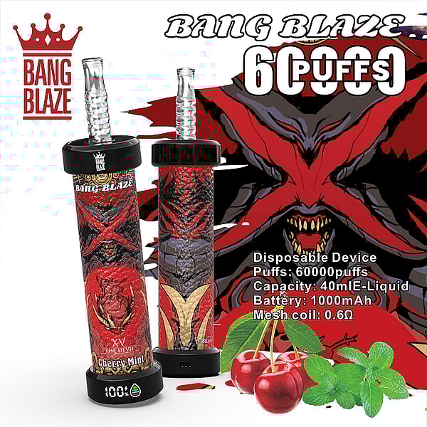 Bang Blaze Cherry Mint disposable vape device featuring a devil-themed design, displayed with cherries and mint leaves, product specifications, and branding details.