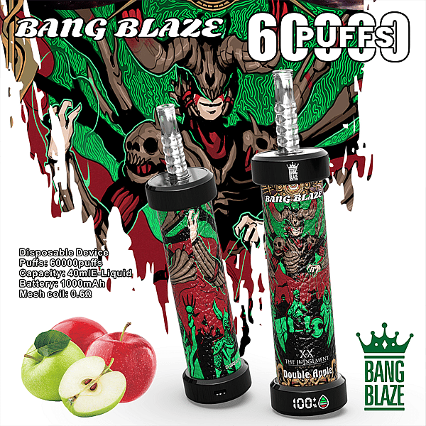 Bang Blaze Double Apple 使い捨て vape デバイスは、ファンタジーをテーマにした悪魔風デザイン、緑と赤の配色、丸ごとのリンゴとスライスしたリンゴの画像が特徴で、60,000 パフ、40 ml の e-liquid 容量、1000 mAh バッテリー、0.6Ω メッシュ コイルなどの製品特徴を強調しています。