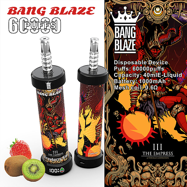 Bang Blaze 使い捨て vape デバイスは、赤と黄色のファンタジーなデザインで、イチゴとキウイが描かれた「Strawberry Kiwi」のラベルが貼られており、60,000 回の吸引、40 ml の e-liquid 容量、1000 mAh のバッテリー、メッシュ コイル 0.6Ω を宣伝しています。