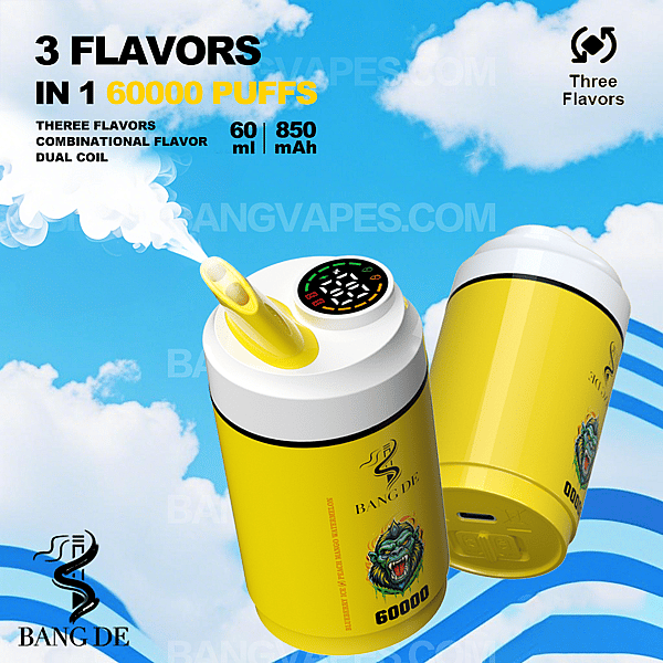 Publicidad del dispositivo de vapeo BANG DE que presenta dos vapeadores con forma de bote amarillo con tres sabores, 60.000 bocanadas, capacidad de 60 ml y 850 mAh, frente a un cielo azul con nubes.