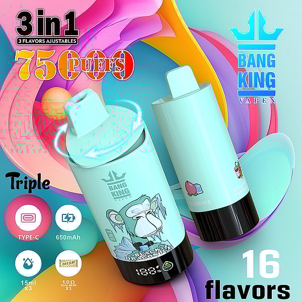 Advertisement for Bang King Vapen, a 3-in-1 disposable vape device with 16 flavors, 7500 puffs, adjustable flavors, type-C charging, 650mAh battery, and 15ml x3 e-liquid capacity, featuring colorful graphics and product images.