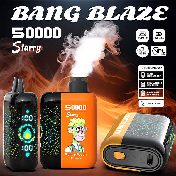 Promotional image for Bang Blaze 50000 Starry Mango Peach vape, featuring three product views, digital display, colorful cartoon monkey, smoke effect, and icons for Type-C charging and device features.