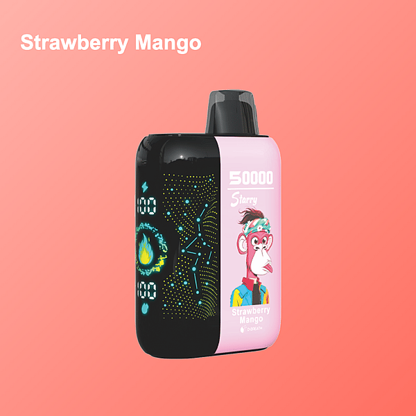 A colorful vape device labeled 'Strawberry Mango' with 50,000 puffs, digital display, and a cartoon pink monkey character on the packaging, set against a pink gradient background with the flavor name in bold text.