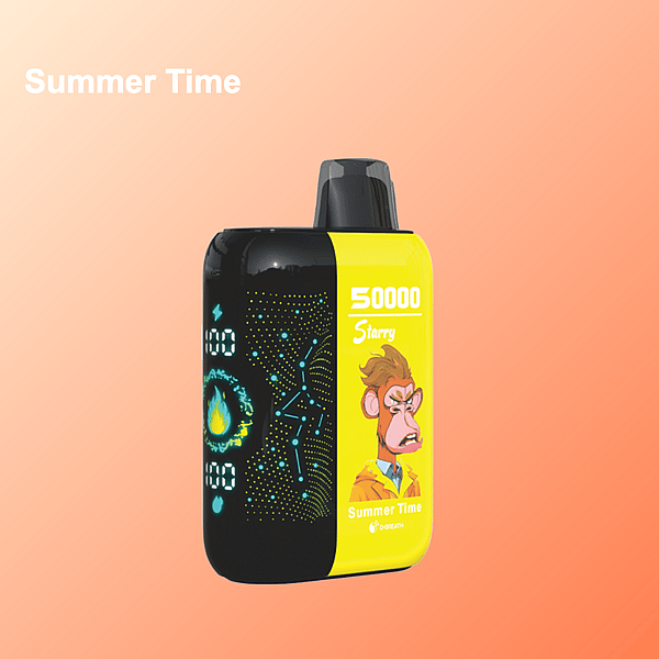 Colorful electronic vape device with digital display, constellation graphics, and cartoon monkey illustration, labeled '50000 Starry Summer Time' on a light orange gradient background with 'Summer Time' text in the top left corner.