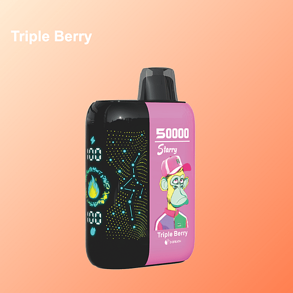 Triple Berry flavored vape device labeled '50000 Starry', featuring a cartoon monkey in a pink hat and jacket on a pink and black background, with a constellation and digital readout display, set against a peach gradient backdrop.