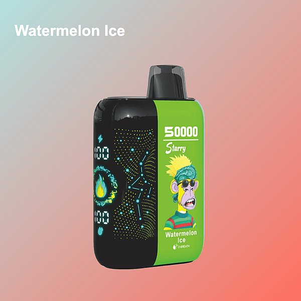 Watermelon Ice vape device featuring a colorful cartoon monkey wearing sunglasses and headband on a green label, with digital graphics and display on a gradient background.
