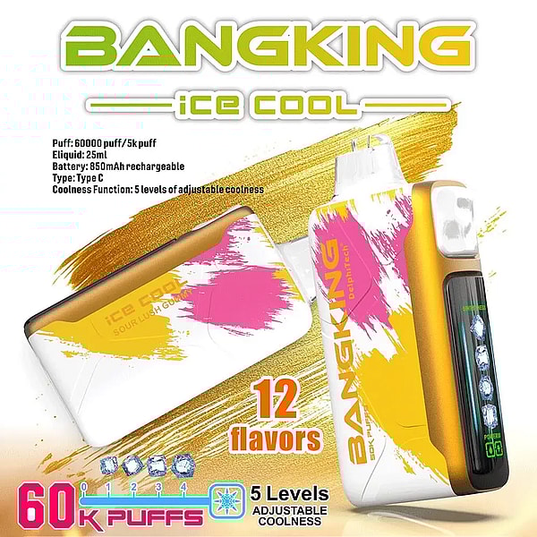 Advertisement for BangKing Ice Cool vape showing a white and gold pod device with pink and orange paint splashes, a matching pod, and bold text highlighting 12 flavors, 60,000 puffs, and five levels of adjustable coolness.
