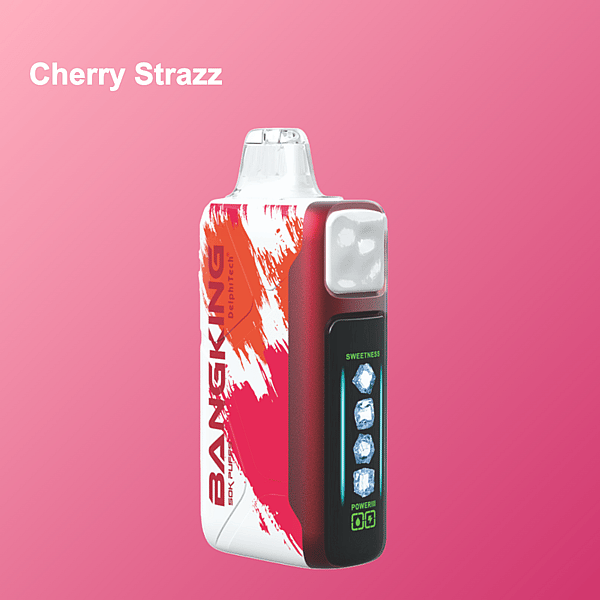 Un dispositivo de vapeo colorido etiquetado como 'Bang King' con una pantalla digital que indica los niveles de dulzura y potencia, mostrado sobre un fondo rosa con el texto 'Cherry Strazz'.