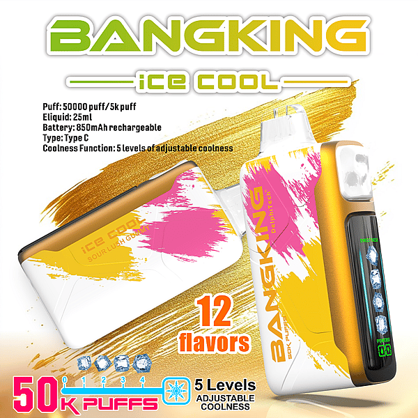 Imagen promocional del producto Bangking Ice Cool, que muestra un elegante dispositivo electrónico con ilustraciones de pinceladas vibrantes de color rosa y amarillo, las características enumeradas incluyen 50,000 bocanadas, capacidad de 25 ml de e-líquido, batería recargable de 850 mAh, conexión tipo C y cinco niveles ajustables de frescura, disponible en 12 sabores.