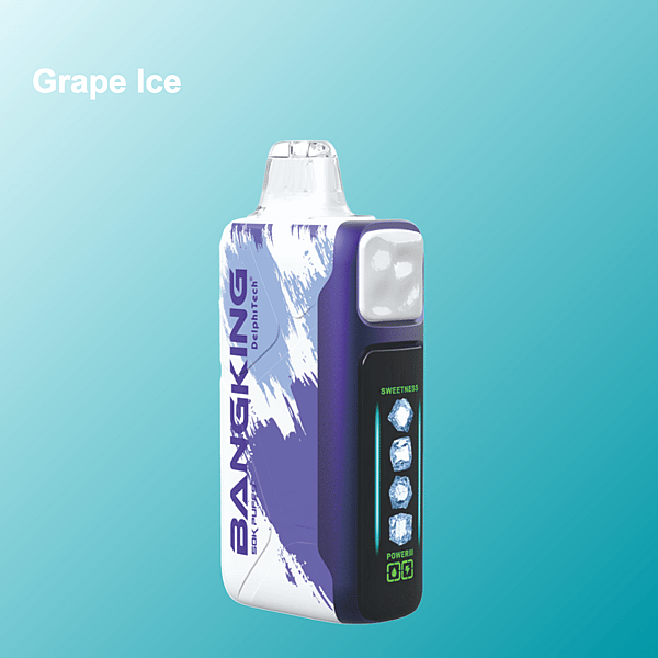 Una imagen promocional de un dispositivo de vapeo de la marca BangKing llamado 'Grape Ice', que presenta un diseño morado y blanco con controles de dulzura y potencia, sobre un fondo degradado azul claro.