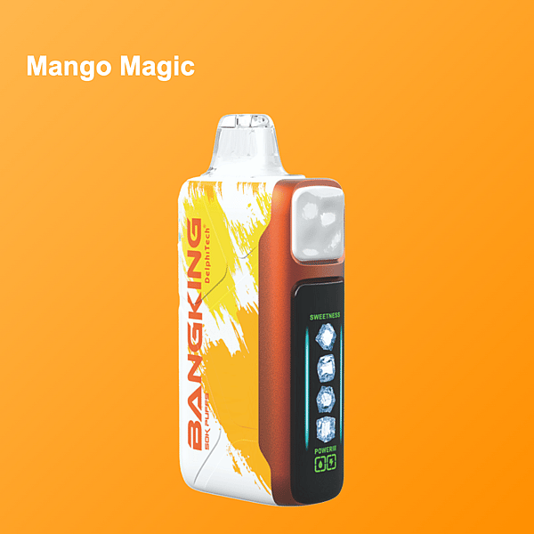 Un dispositivo de vapeo de color naranja brillante denominado 'Bangking' con un diseño abstracto y una pantalla que indica la configuración, sobre un fondo naranja con el texto 'Mango Magic'.