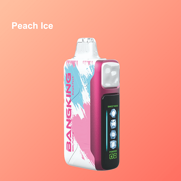 Un dispositivo de vapeo colorido denominado 'Bangking DePhirics Peach Ice' con un diseño degradado de rosa y blanco, una boquilla transparente y un panel digital que muestra la configuración.
