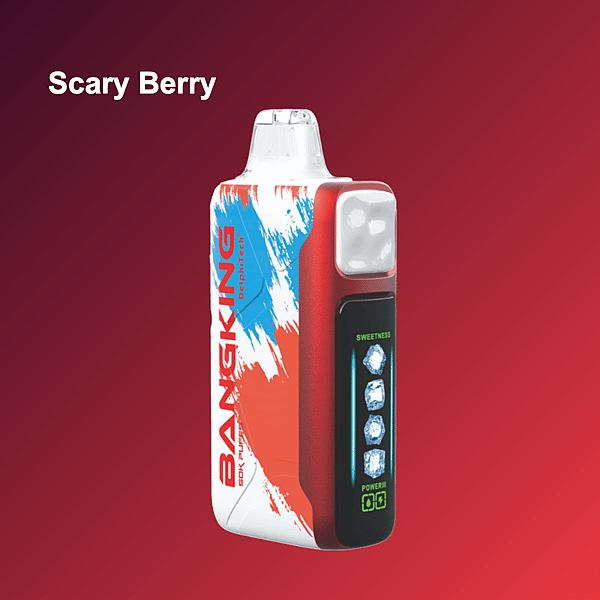 Un dispositivo de vapeo colorido con la etiqueta 'Bang King' sobre un fondo degradado rojo con el texto 'Scary Berry' encima.