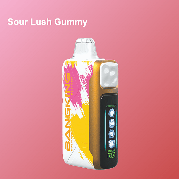 Dispositivo de vapeo de colores brillantes con la marca 'BANGKING' en su cuerpo sobre un fondo degradado rosa, etiquetado 'Sour Lush Gummy'.