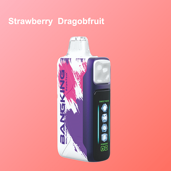 Un elegante dispositivo de vapeo de color morado y blanco denominado 'Bangking Delphitech' con indicadores de configuración en el frente, mostrados sobre un fondo degradado rosa.