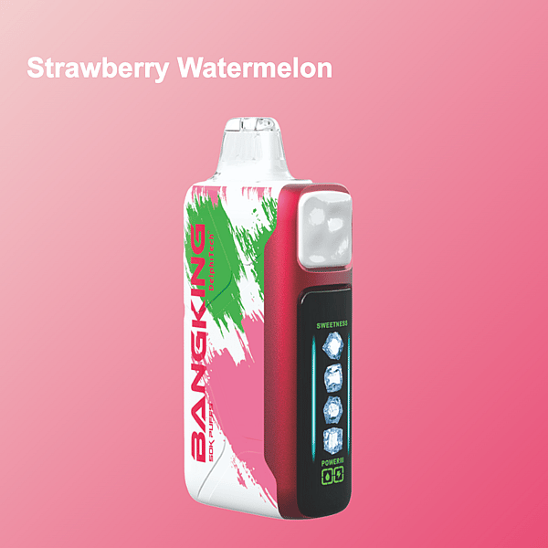 Un dispositivo de vapeo Bang King con sabor a sandía y fresa con un diseño rojo y verde, que presenta luces indicadoras de dulzura y potencia, sobre un fondo degradado rosa.