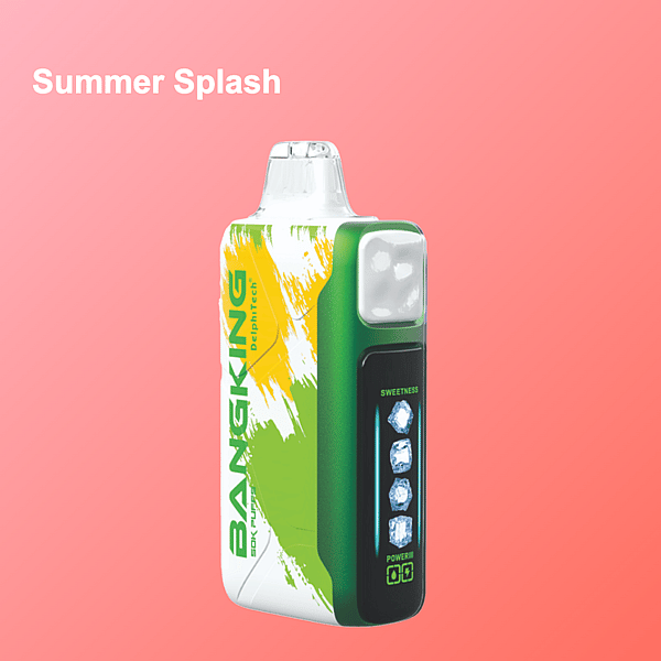 Un dispositivo vaporizador electrónico colorido etiquetado como 'BANGKING' con niveles de dulzura y potencia ajustables, sobre un fondo rosa con el texto 'Summer Splash'.