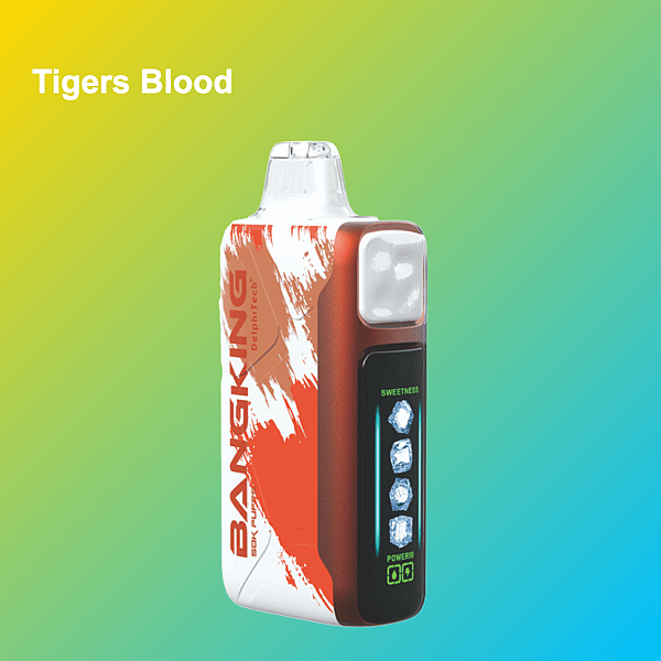 Un dispositivo de vapeo colorido etiquetado como 'BANGKING' con controles ajustables exhibidos, mostrado sobre un fondo degradado que pasa del amarillo al azul, con el texto 'Tigers Blood' en la esquina superior izquierda.
