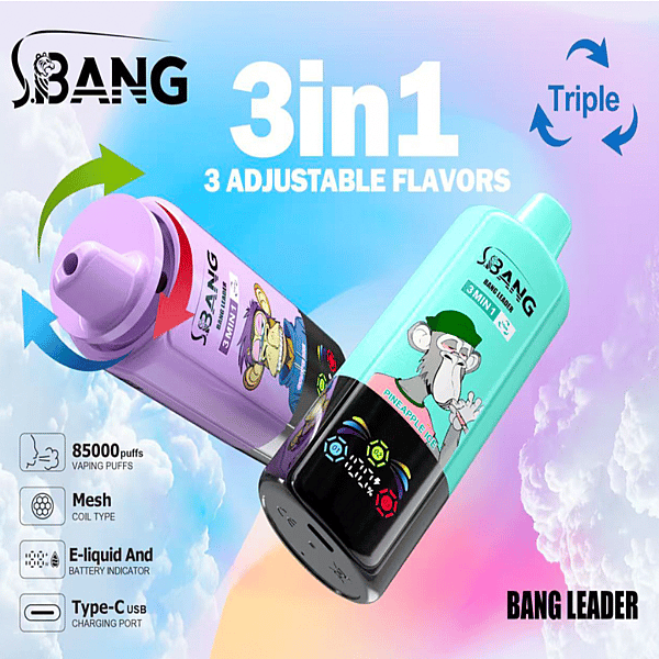 A promotional image for Bang Leader 3-in-1 adjustable flavor vaporizers, featuring colorful device designs with animated monkey illustrations, icons highlighting features like 85000 puffs, mesh coil technology, and USB Type-C charging, set against a cloudy gradient background.