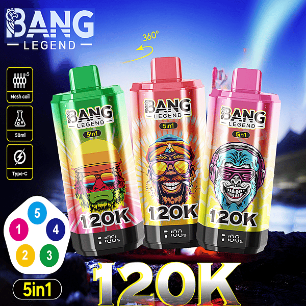 Three colorful Bang Legend 5-in-1 vaping devices with distinct illustrated designs of gorillas on the exterior, standing upright under a vibrant, aurora-lit background.
