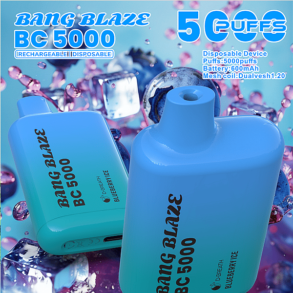 Close-up promotional image of two blue-green Bang Blaze BC 5000 disposable vape devices labeled Blueberry Ice, with large text advertising 5000 puffs and specifications, set against a backdrop of ice cubes and blueberries.