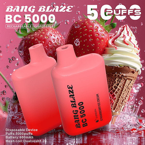 Two pink Bang Blaze BC5000 disposable vape devices sit against a strawberry and ice-cream background, highlighting 5000 puffs and a rechargeable disposable design.