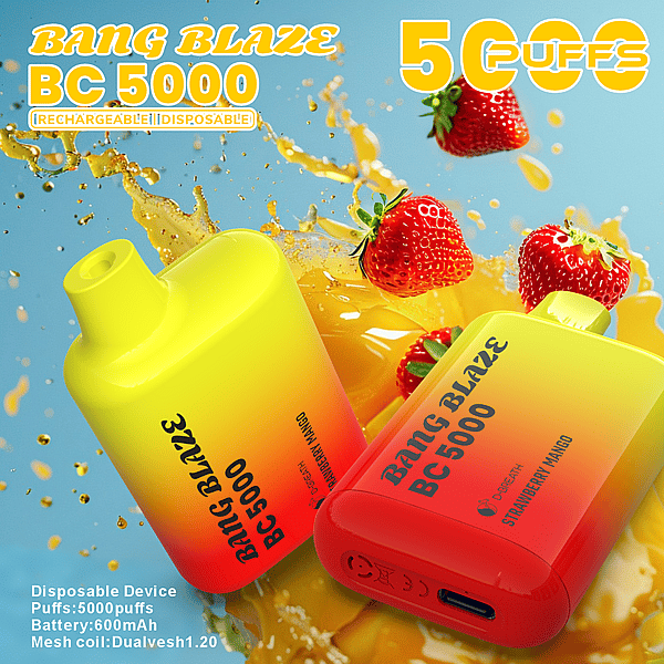 Two Bang Blaze BC 5000 disposable vape devices in yellow-to-red gradients (one yellow, one red) labeled for 5000 puffs and strawberry mango flavor, set against a splash of juice with fresh strawberries in the background.