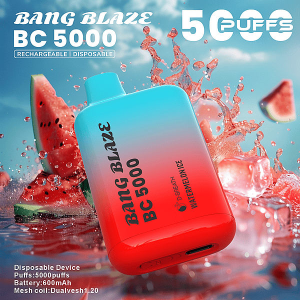 Colorful advertisement showing a gradient blue-to-red disposable vape device labeled "BANG BLAZE BC 5000" floating over splashing watermelon slices and ice with large "5000 PUFFS" text and product details in the corners.
