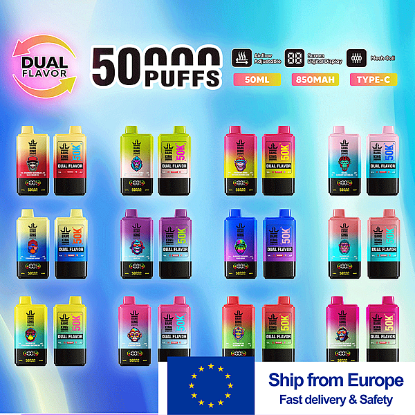 Lebhafte Dual Flavour-Werbung mit 50.000 Puffs-Einweg-Vape-Flaschen in einem Raster aus leuchtenden Farben, mit Symbolen oben, die auf die Einstellung des Luftstroms, der Digitalanzeige und der Mesh-Spule hinweisen, sowie Etiketten für 50 ml, 850 mAh und Typ C sowie einem „Schiff aus Europa“-Banner mit der EU-Flagge.