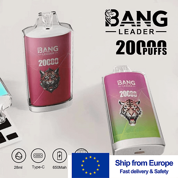 Promotional image of Bang Leader disposable vape devices offering 20,000 puffs — a pink unit and a pink-to-green gradient unit with a tiger logo, plus a 'Ship from Europe' banner.