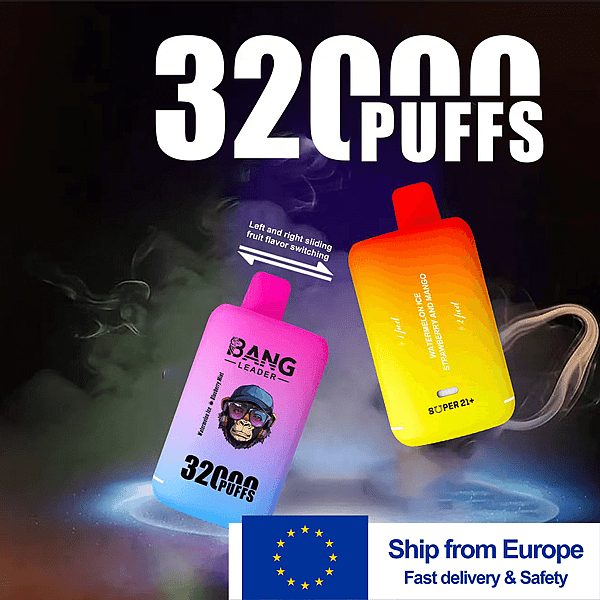 Dos botellas de vapeo degradadas (de rosa a azul y de amarillo a naranja) flotan sobre un fondo ahumado, anunciando 32000 PUFFS con un interruptor de sabor de fruta deslizante de izquierda a derecha y un cartel de envío de la UE en la parte inferior.