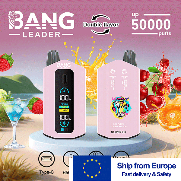Two pink Bang Leader vape devices on a circular platform at a beach setting, one with a blue digital display and the other with a tiger logo, surrounded by fruit imagery and splash graphics, advertising double flavor and up to 50,000 puffs with a Europe shipping badge.