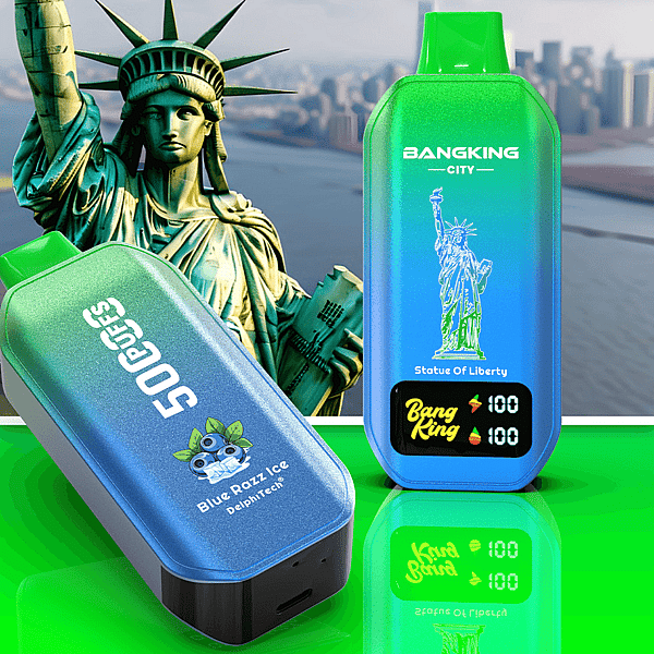 Two gradient vape pods in the foreground, upright with Statue of Liberty graphic, tilted with 50GODS Blue Razz Ice.