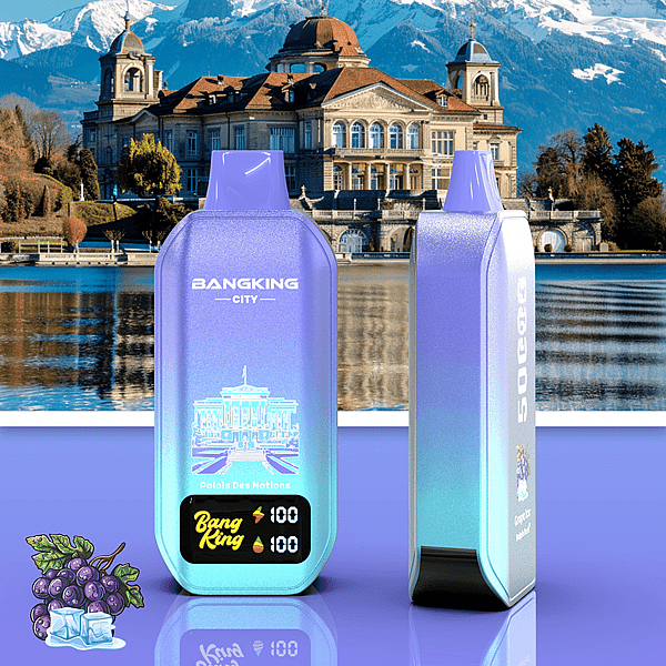 Zwei violette Vape-Geräte mit Farbverlauf auf einer glänzenden Oberfläche, mit einem Palast an einem See und Bergen im Hintergrund; .