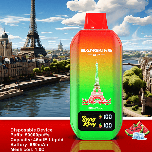 Bang King City Regenbogen-Einweg-Vape mit Eiffelturm-Grafik und Pariser Skyline im Hintergrund.