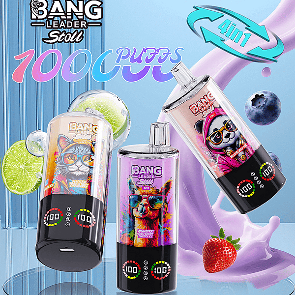Drie kleurrijke wegwerpvape-apparaten van Bang Leader Stoll met het 1000 Puffs 4-in-1-logo, met levendige fruitlabels en digitale displays aan de onderkant, tegen een blauwe achtergrond met limoenschijfjes, aardbeien en bosbessen.