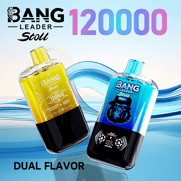 Zwei Energy-Drink-Flaschen von Bang Leader Stoli, links gelb und rechts blau beschriftet, schräg vor einem wellenförmigen blauen Hintergrund mit einem großen Farbverlauf '120000' oben und 'Dual Flavour' unten.