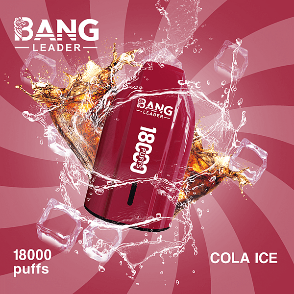 A red Bang Leader vape device labeled Cola Ice is shown amid splashing liquid and ice blocks against a pink spiral background.