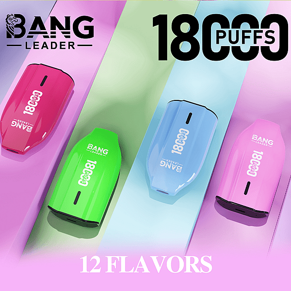 Un affichage diagonal coloré d'appareils de vapotage jetables Bang Leader en rose, vert, bleu et lavande, avec la marque 1 800 Puffs et 12 saveurs en bas.